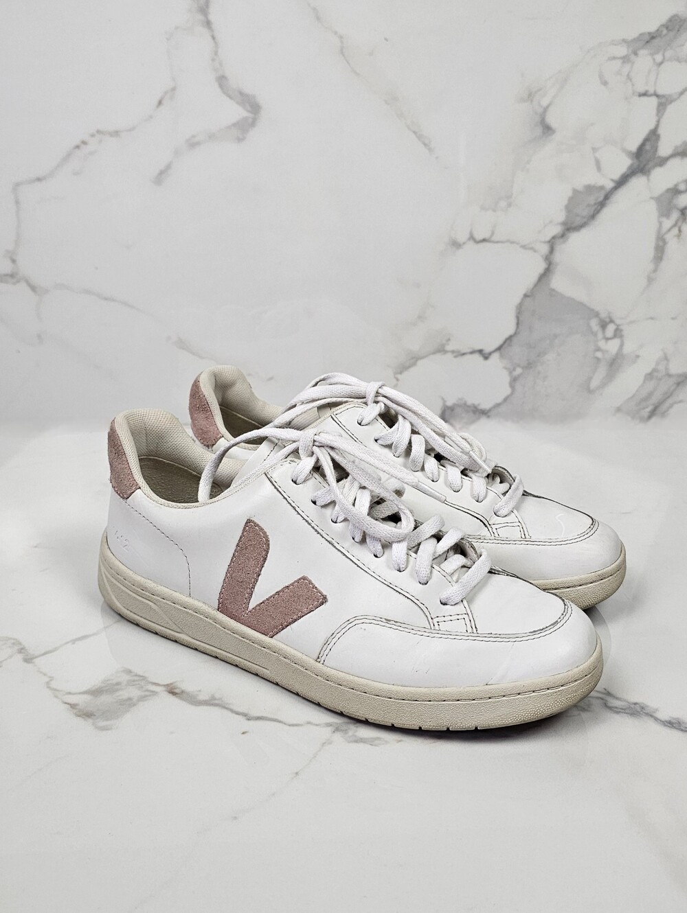 VEJA V-12 Leather Low-Top Sneakers (White / Dust Rose Suede, Women’s Size US 9